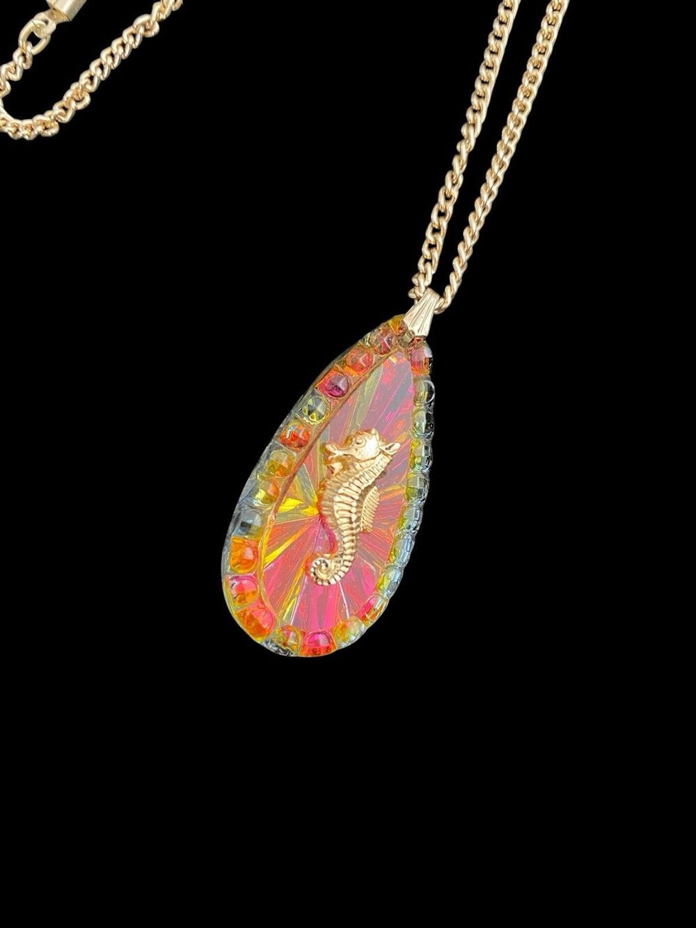 Vintage German Pendant Necklace Aurora Borealis Glass Teardrop Seahorse